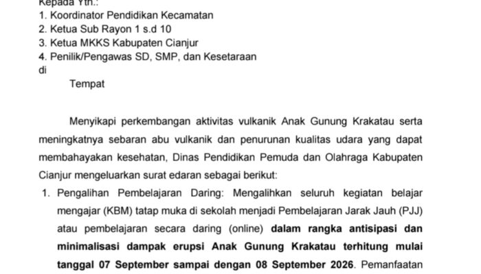 DISDIKPORA CIANJUR TETAPKAN SEKOLAH DARING 7-8 SEPTEMBER ANTISIPASI ABU VULKANIK ANAK KRAKATAU